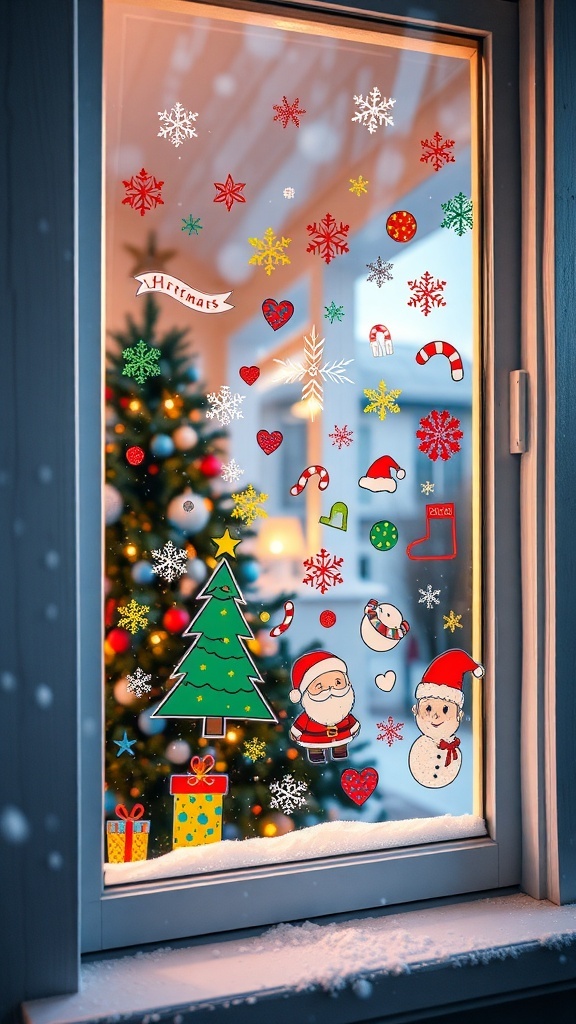 Christmas Window Doodles Ideas A window adorned with vibrant Christmas doodles like snowflakes and a Christmas tree, glowing warmly from inside.